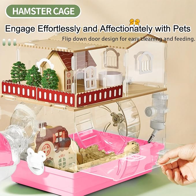 12 in 1 Clear Acrylic Hamster Cage with All Accessories,13.5''L*10''W*15''H Dwarf Hamster Cage,Magnetic Connection Small Hamster Enclosure,Wooden Mouse Cage for Pet Mice(2-Layer,Pink) Install Required-PawvioPets