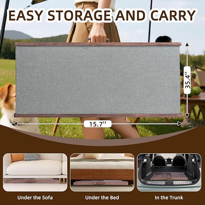 Folding Dog Ramp for Bed, Couch, Car, SUV & RV - Adjustable 4 Heights (12.2"-19.2"), 35.4" Long Wooden Pet Ramp with Non-Slip Mat & Safety Rails - Supports Pets up to 200 lbs-PawvioPets