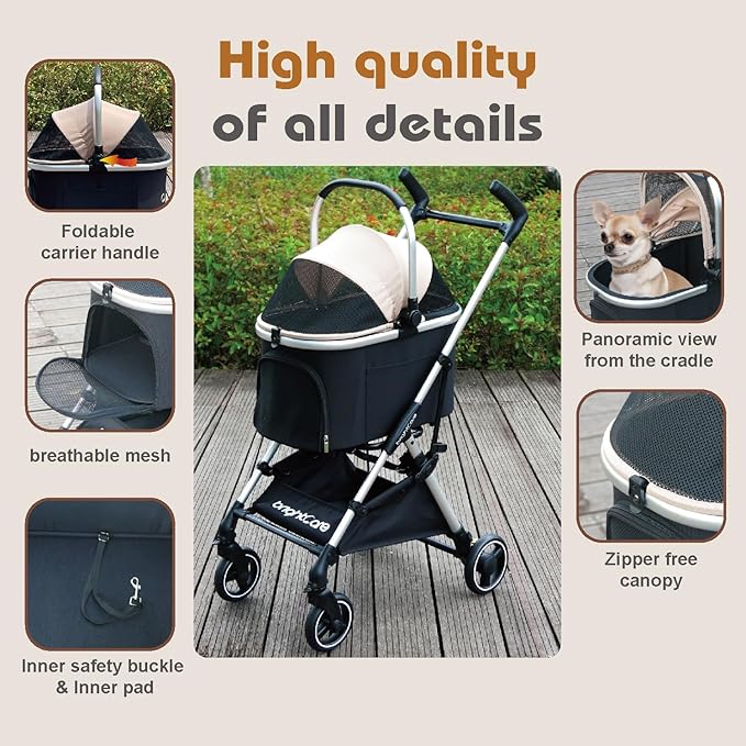 3-in-1 Small Pet Carrier with Stroller for Small Dogs & Cats Under 20 lb – Removable Carrier Converts to Car Seat – Lightweight, One-Hand Fold, No-Zipper Entry-PawvioPets