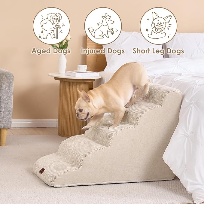EHEYCIGA Curved Dog Stairs Ramp for High Beds 22.6" H, 5-Step Dog Steps for Small Dogs and Cats, Pet Stairs for High Bed Climbing, Non-Slip Balanced Pet Step Indoor, Beige-PawvioPets