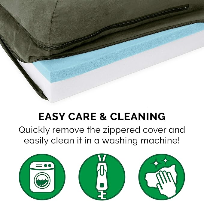 Furhaven Cooling Gel Dog Bed for Medium/Small Dogs w/ Removable Bolsters & Washable Cover, For Dogs Up to 35 lbs - Two-Tone Plush Faux Fur & Suede L Shaped Chaise - Dark Sage, Medium-PawvioPets