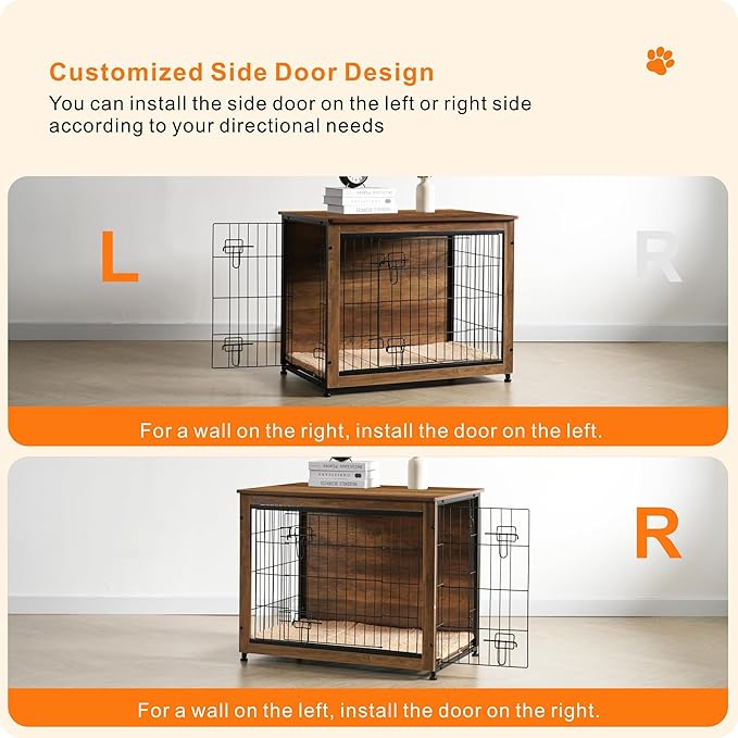 DWANTON Dog Crate Furniture with Cushion, Wooden Kennel Table with Double Doors, Indoor Dog House, Medium Size, 32.5" L, Warm Brown-PawvioPets