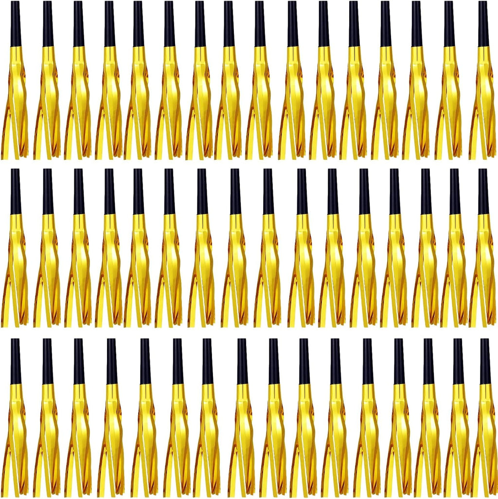48 Pcs Gold Noise Makers Glitter Metallic Fringed Noise Makers Horns for Baby Shower, Kids Birthday, Wedding Party, New Year Party Favor