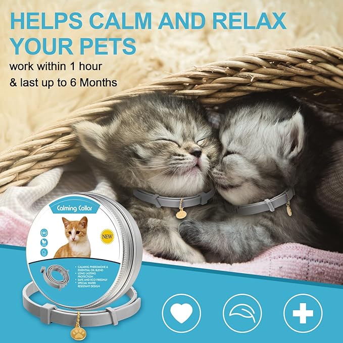 4 Pcs Cat Calming Collar Adjustable Lavender Scent Relaxing Cat Collar with 2 Pendant for Puppies Reduce Stress Aggression Anxious, up to 15 Inches(Grey, Silver)-PawvioPets