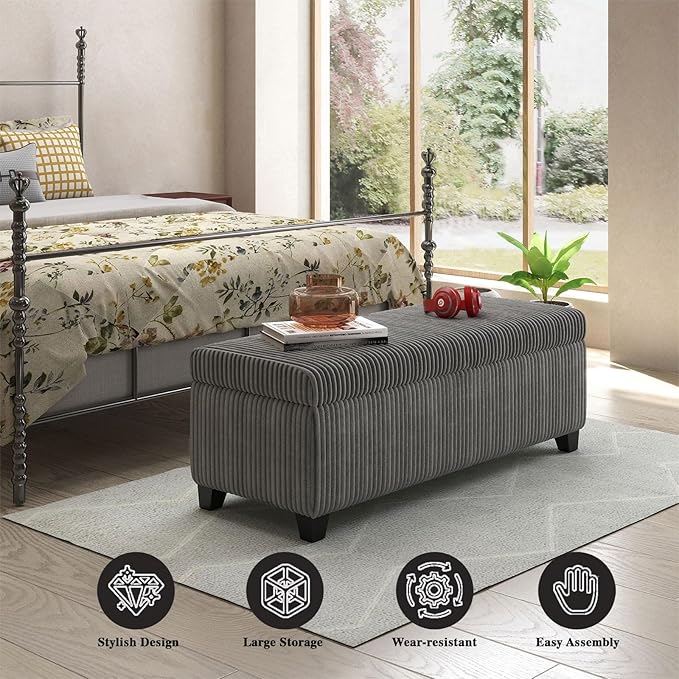 48" Ottoman with Storage, Corduroy Storage Ottoman Bench for Bedroom, End of Bed Bench with Safety Hinge for Living Room, Bedroom, Entryway, Grey-PawvioPets