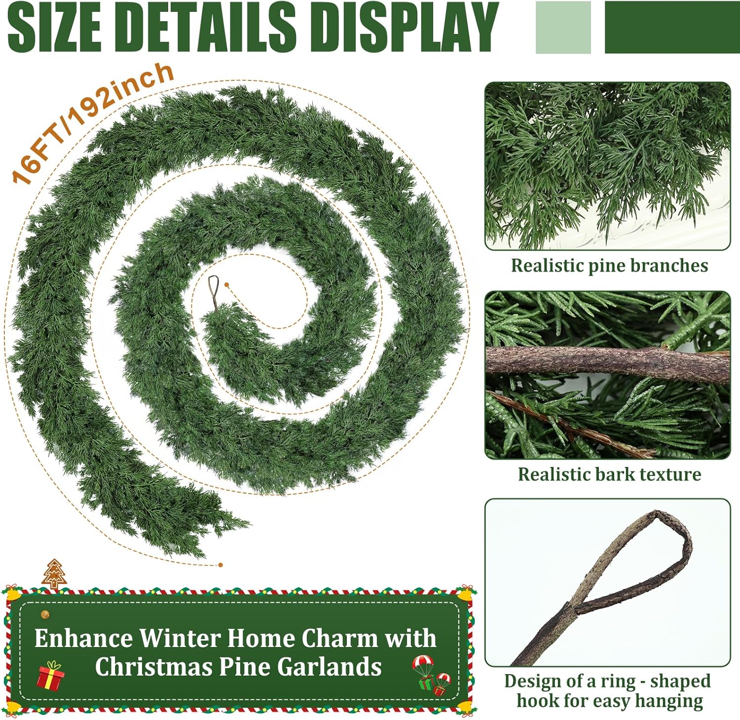 16ft Christmas Cedar Garland, Real Touch Pine Garland, Realistic Cypress Garlands Christmas Decorations for Mantel, Table, Stairs, Porch - Indoor Outdoor Xmas Holiday Decor