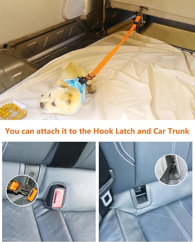 AUBELL Dog Seat Belt for Car,2 Pack Set 3-in-1 Adjustable Reflective Bungee Heavy Duty Dog Car Harness Tether with Clip Hook Latch & Buckle,Swivel Zinc Alloy Carabiner,Black+Orange-PawvioPets