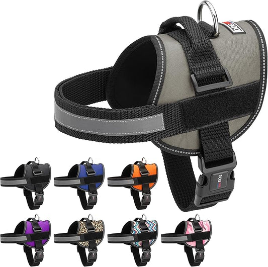 Dogline Dog Harness, Reflective No-Pull Adjustable Vest with Handle for Walking, Training, Breathable, No - Choke Harness for Small, Medium or Large Dogs Room for Patches Girth 15 to 18 in Grey-PawvioPets