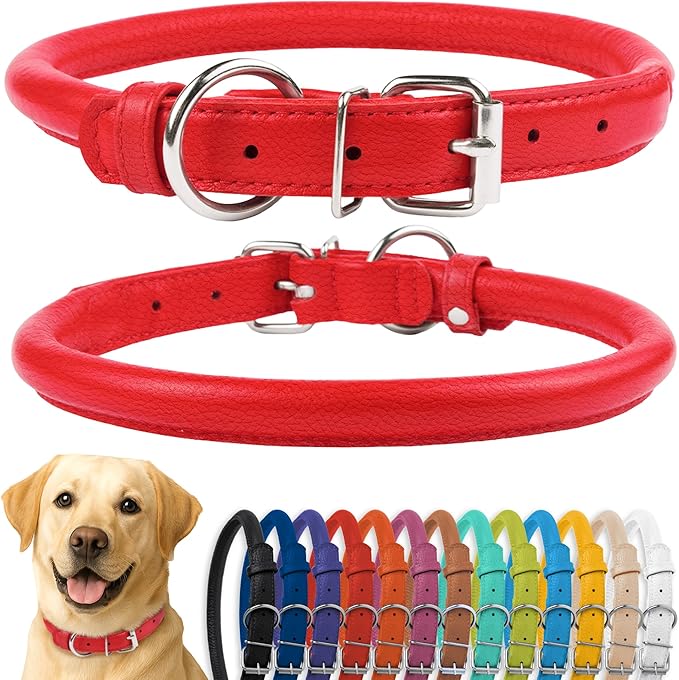 CollarDirect Rolled Leather Dog Collar, Soft Padded Round Puppy Collar, Handmade Genuine Leather Collar Dog Small Large Cat Collars 13 Colors (15-19 Inch, Red Textured)-PawvioPets