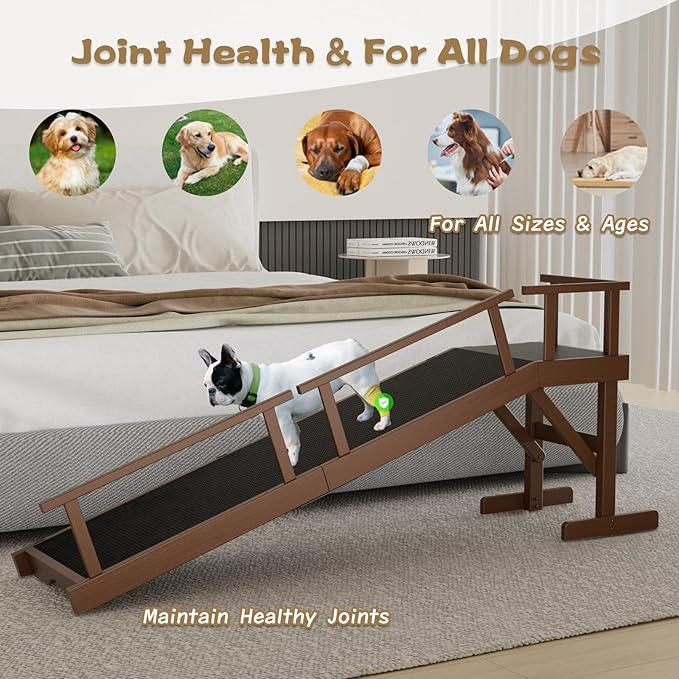 61" Dog Ramp for Bed, Pet Ramp with Removable Side Rail and Non-Slip Surface, Pet Ramp for Small & Large & Senior Dogs with Rest Platform and DIY Glow Strips,Dog Stairs for Couch, Brown-PawvioPets