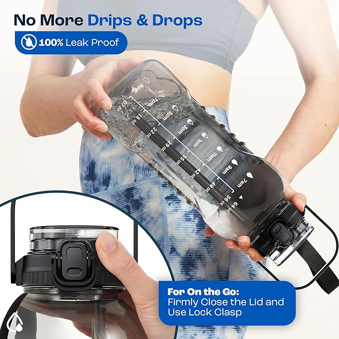 AQUAFIT 64 oz Water Bottle with Time Marker - 2in1 Straw & Chug Lid - BPA Free Big Water Bottle with Straw - Gym Water Bottle with Strap - Water Jug (64 Ounces, Clarity)-PawvioPets