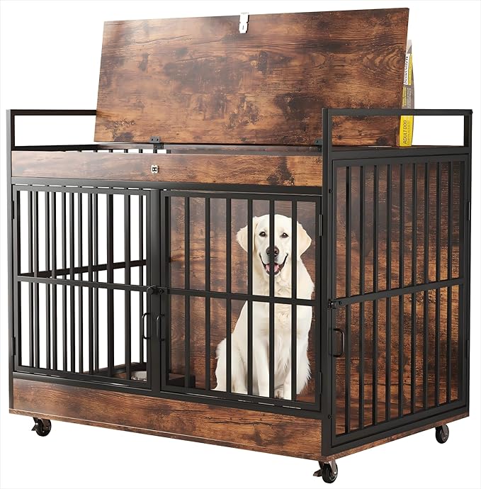 Dog Crate Furniture Large Breed with 2 Stainless Steel Bowls, Large Wooden Dog Crate Table, Escape-Proof & Chew-Proof XL Furniture, Decorate House As TV Stand, End Table, 45" L X 30" W 37" H-PawvioPets