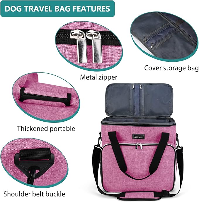 BAGLHER Dog Travel Bag, Pet Travel Bag (ALL Pet Travel Supplies), With 2 Pet Food Containers and 2 Collapsible Silicone Bowls; Essential Kits for Pet Travel Pink-PawvioPets