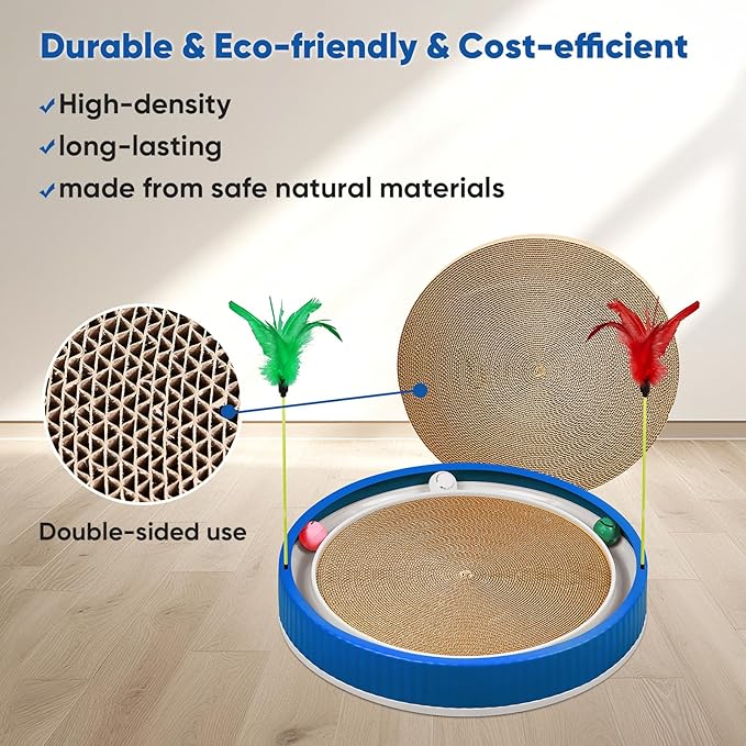 20-Inch Round Cat Scratcher with Ball Track – 3-in-1 Cardboard Scratching Pad with Feather Toy & Non-Slip Base – Interactive Cat Toy for Indoor Cats, Kittens & Large Cats (Blue)-PawvioPets