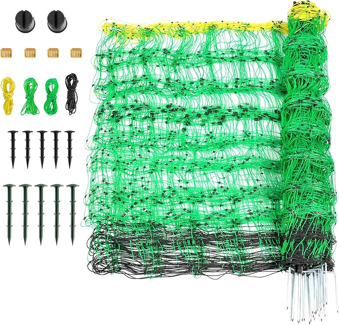Electric Fence Netting, 49.6" H x 164' L, PE Net Fencing Kit with 14 Posts Double Spiked, Utility Portable Mesh for Sheep Hogs Goats Deer Dogs Lambs Used in Backyards Farms Ranches Patio, Green-PawvioPets