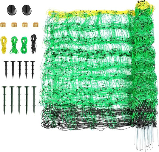 Electric Fence Netting, 49.6" H x 164' L, PE Net Fencing Kit with 14 Posts Double Spiked, Utility Portable Mesh for Sheep Hogs Goats Deer Dogs Lambs Used in Backyards Farms Ranches Patio, Green-PawvioPets