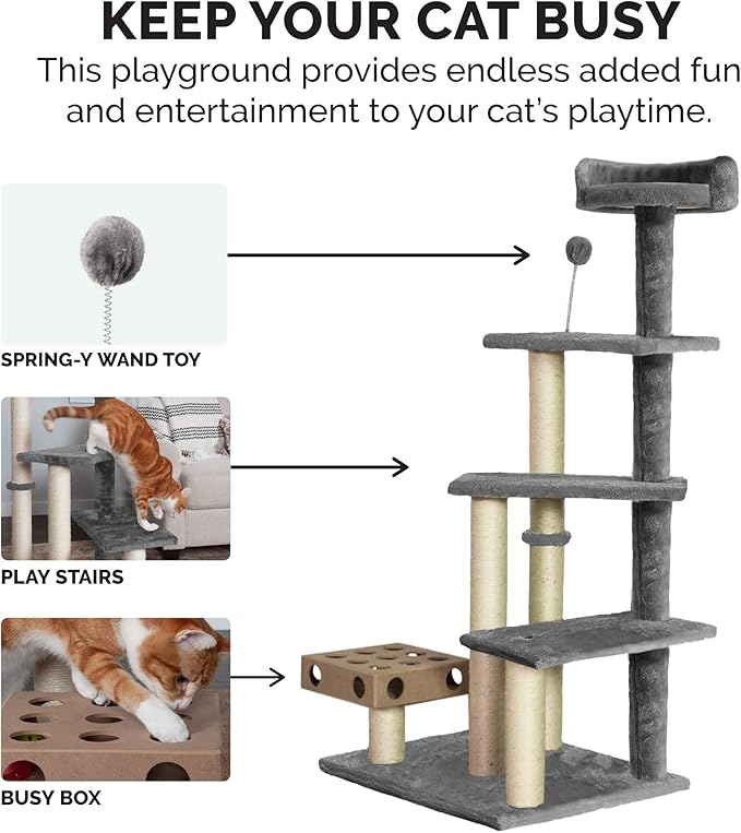 Furhaven 49.5" Tall Cat Tree for Indoor Cats, Ft. Sisal Scratching Posts, Plush Ball Toy, & Busy Box Toy - Tiger Tough Play Stairs Interactive Playground Tower - Gray, One Size-PawvioPets