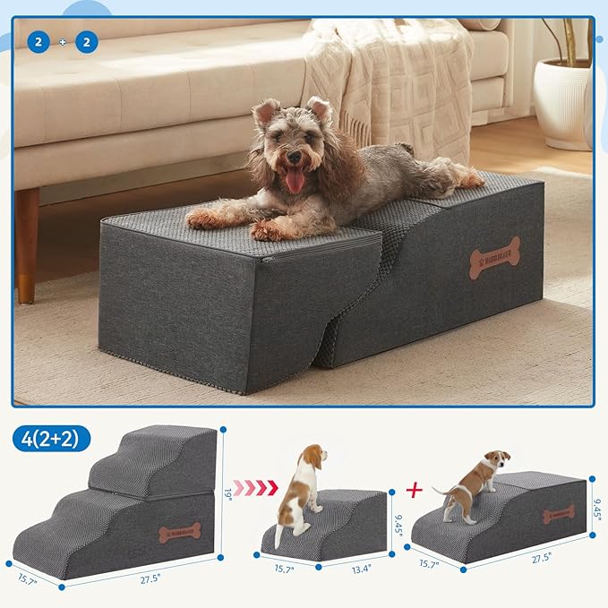 Dog Stairs 4 Steps for Small Dogs and Cats to Get on High Beds, Couch or Car, Pets Can Climb, Sit, Lie Down or Perch to Look Out Windows on The Spliceable Ramp, Provides Support, Grey（19" H）-PawvioPets