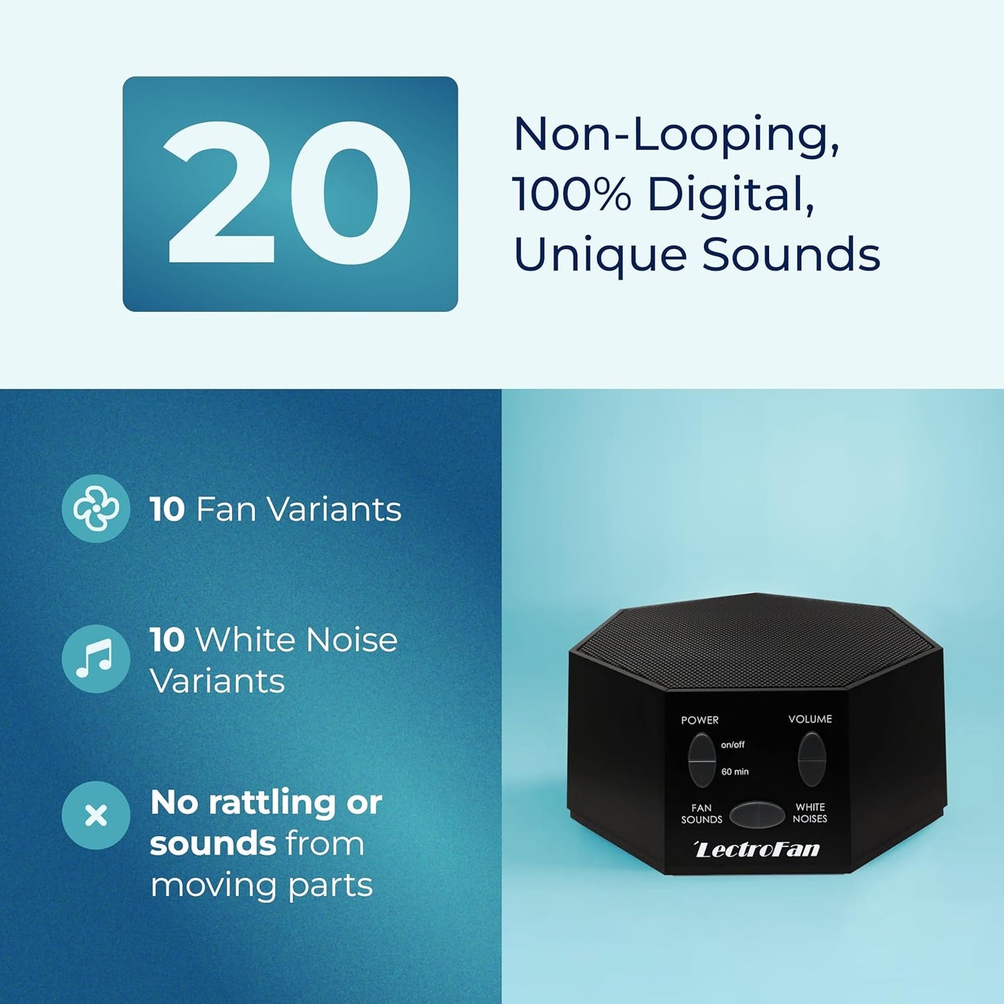 Adaptive Sound Technologies LectroFan Classic White Noise Machine - Compact Sleep Sound Machine for Bedroom, Travel, Study and More - 20 Non-Looping Fan & White Noise Variations - Black