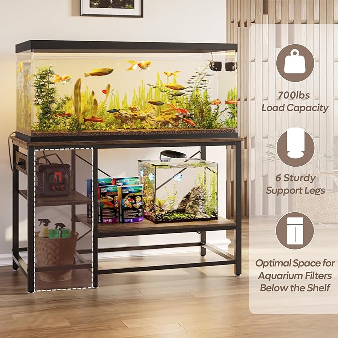 55 Gallon Fish Tank Stand with Charging Station, 49.2x13.8 Metal Aquarium Stand with 3-Tiers Adjustable Storage Shelves, 6-Legs Reptile Terrarium Stand, 700 LBs-PawvioPets