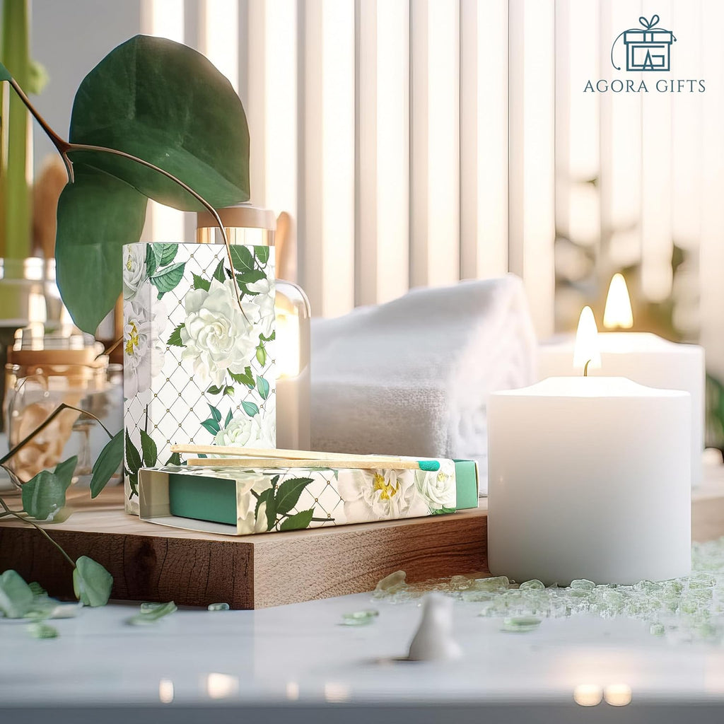 Decorative Matches Box -4-Inch Long Matches for Candles with Strike - Wooden Colorful Candle Sticks with Rainbow Tips - 50 Pc Match Sticks - Matchbox Designs of Your Choice (4 Unique Box Designs)