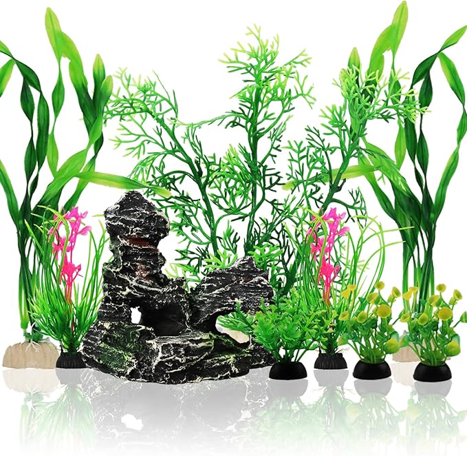 Fish Tank Accessories Aquarium Decorations Plants, 9pcs Green Fish Tank Decorations Plants and Cave Rock Decoration Decor Set, Aquarium Decor Plastic Plants-PawvioPets