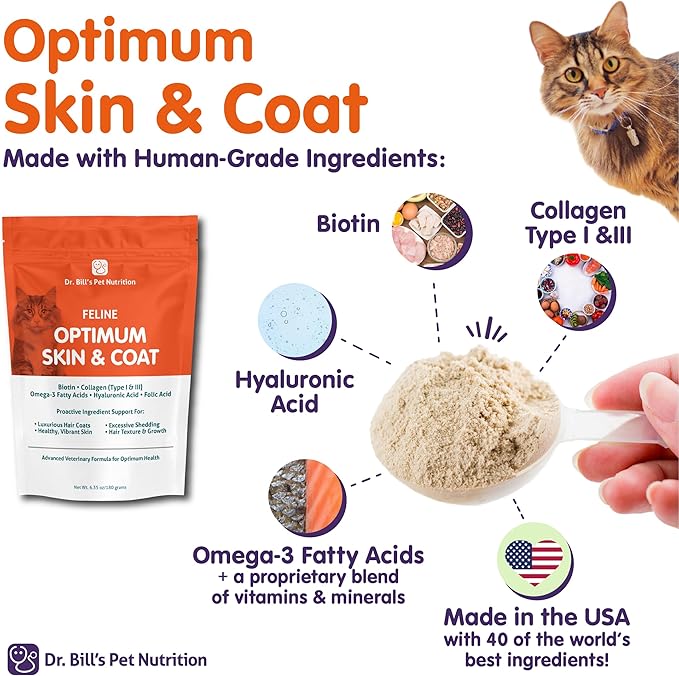 Dr. Bill’s Feline Optimum Skin & Coat – Fish Oil Omega-3 Fatty Acids for Cats Healthy Fur | Reduce Shedding and Hairballs with Biotin, Type I & III Marine Collagen, Hyaluronic Acid, & Folic Acid-PawvioPets