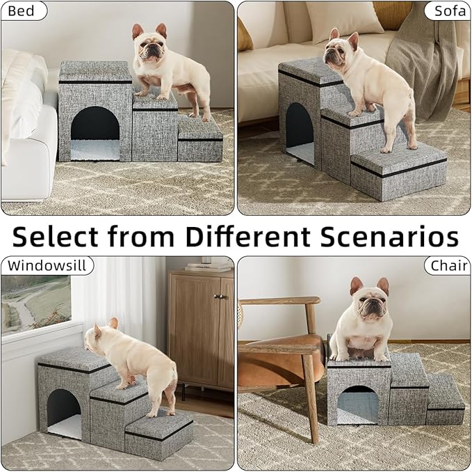 Dog Stairs with Storage, 3-Step Wider Dog Steps with Condo for Dogs and Cats, Pet Stairs for High Bed Climbing, Grey-PawvioPets