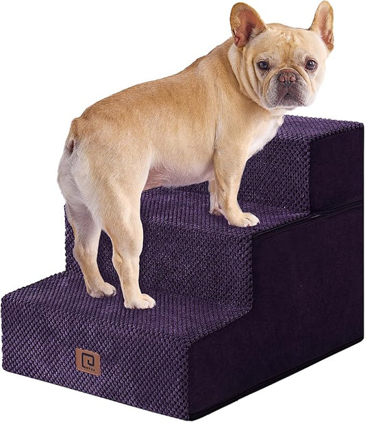 EHEYCIGA Dog Stairs for Small Dogs 13.5" H, 3-Step Dog Steps for Couch Sofa and Chair, Pet Steps for Medium Cats, Non-Slip Balanced Pet Ramp Indoor, Purple-PawvioPets