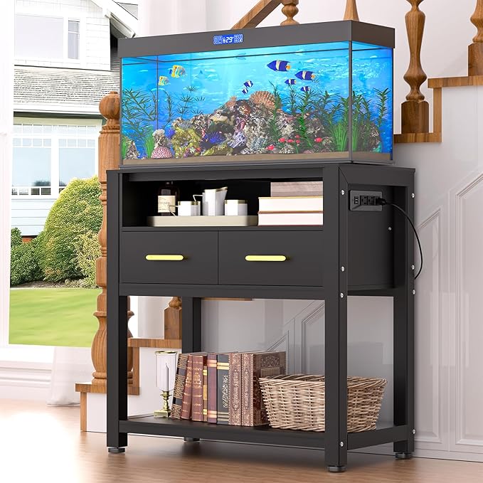20-29 Gallon Aquarium Stand with Stable Metal Frame & Power Outlet, Heavy-Duty Fish Tank Stand with Waterproof Mat, 550LBS Capacity Storage Cabinet, Black-PawvioPets