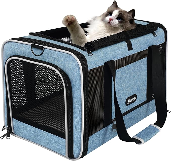 Cat Carrier 18 x 11 x 11 Top Loading Soft-Sided Pet Travel Bag Over 15lbs, Portable Small Dog Puppy Car Crate 10 lbs, Chihuahua Kennel Carry Case, Kitty Cloth Cage Medium Cat Under 25 Blue-PawvioPets