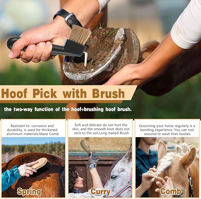 Abbylike 12 Pieces Horse Grooming Kit Racing Festival Tack Room Supplies Horse Brush Sets Equine Care Cleaning Kit Shedding Grooming Massaging Tools(Dark Gray)-PawvioPets