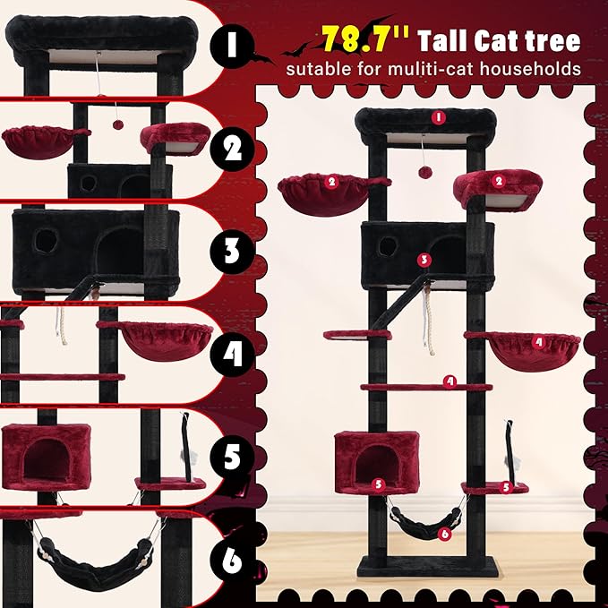 Gothic Cat Tree for Large Cats, 78.7"(200cm) Tall Cat Tower for Indoor Cats Multiple Cats with Large Top Perch, Cat Condo, Cat Hammcok, Cat Scratching Post, Black and Red GCT031BR-PawvioPets