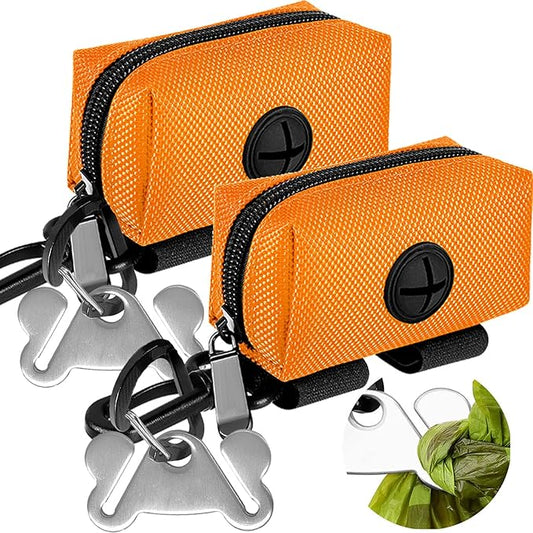 Dog Waste Bag Dispenser Pet Poop Bags Holder for Doggie Waste Bags Dispensers Soft Fabric Zipper Small Doggy Puppy Pouch for Leash Accessory Attachment with Carrier,2PC Orange-PawvioPets