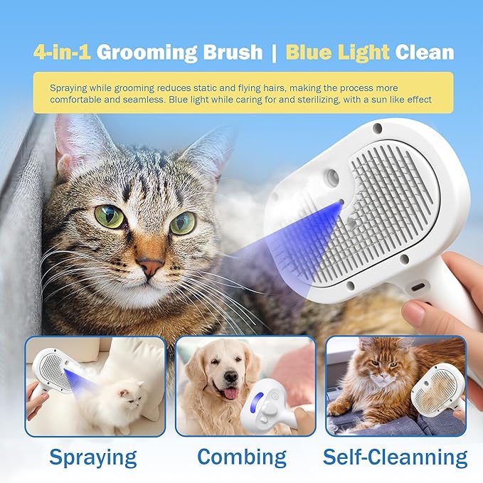 4-in-1 Pet Grooming Steam Brush for Cats & Dogs – Steam Spray, Blue Light, Hair Removal, Self-Cleaning Comb – Includes Pet Waterless Shampoo-PawvioPets