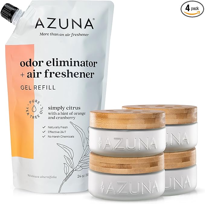 Azuna Air Freshener & Odor Eliminator for Strong Odor | 4 Room Kit Includes (4) Empty Luxe Glass Jar & 24oz Gel Refill with Tea Tree Essential Oil | Simply Citrus | Last 60-90 Days-PawvioPets