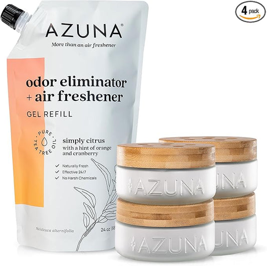 Azuna Air Freshener & Odor Eliminator for Strong Odor | 4 Room Kit Includes (4) Empty Luxe Glass Jar & 24oz Gel Refill with Tea Tree Essential Oil | Simply Citrus | Last 60-90 Days-PawvioPets