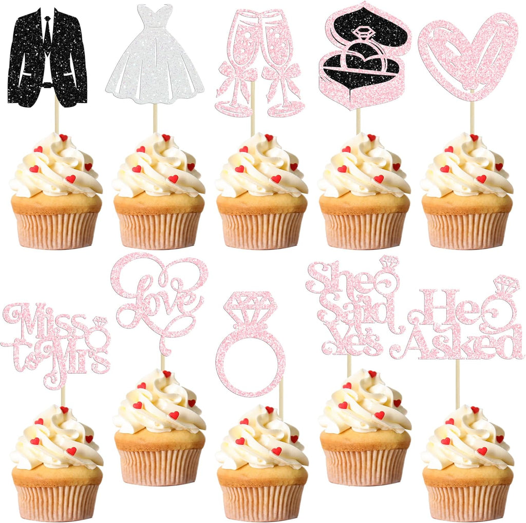 Gyufise 30Pcs She Said Yes Cupcake Toppers Glitter Diamond Ring I Do Love Cupcake Picks Miss to Mrs He Asked Bridal Shower Wedding Engagement Bachelorette Cake Decoration Light Pink