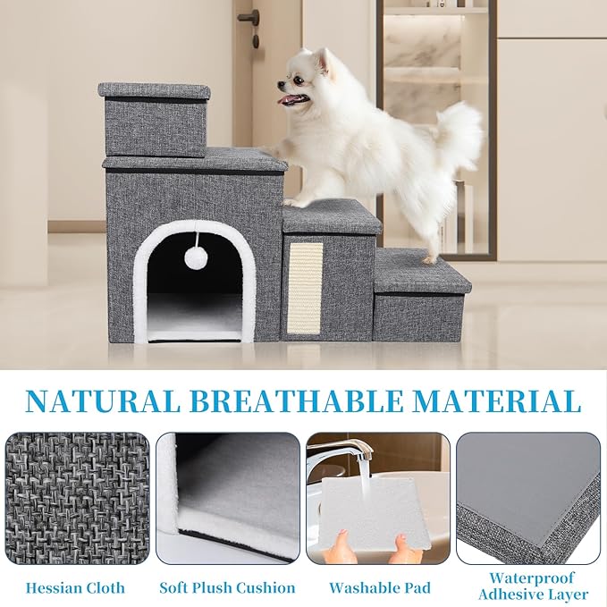 Dog Stairs for Bed and Couch 23“H, Foldable Dog Stairs for Small Older Dogs, 4 in 1 Adjustable Pet Cat Steps Ramps with Storage, Condo, Cat Scratcher, Hold Up to 180LBS, 4 Steps-PawvioPets