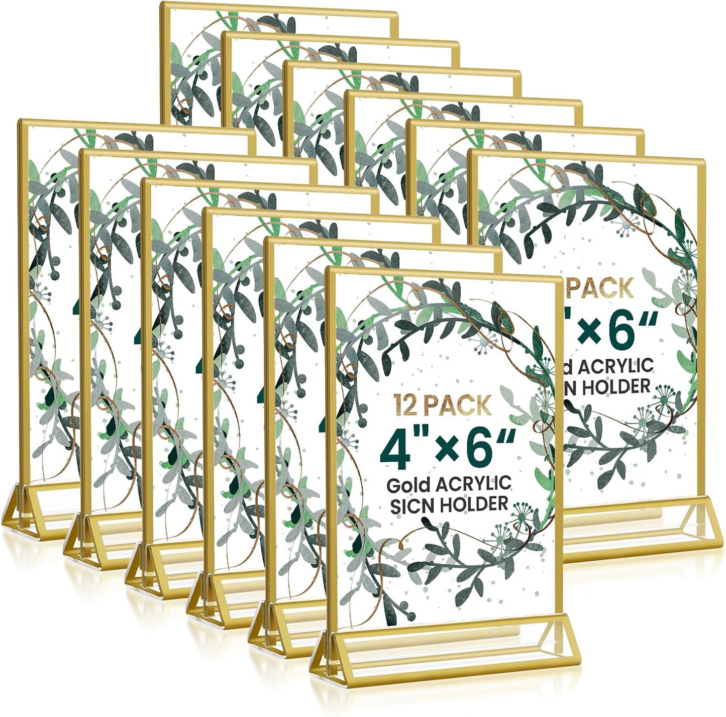 Acrylic Gold Sign Holders 4x6, 12 Pack Wedding Gold Table Number Holders, Double Sided Photo Display Picture Frame Paper Stand, Clear Flyer Stand Menu Holder for Wedding, Home, Party, Restaurant
