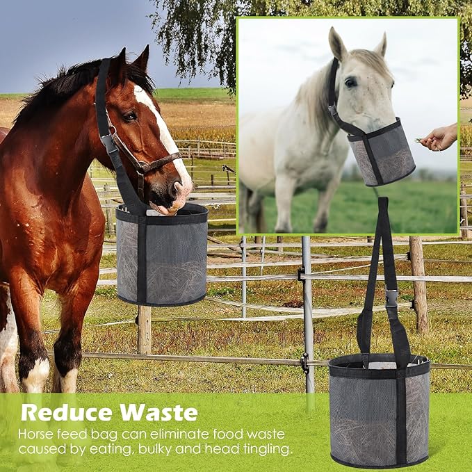 2 Pcs Horses Feed Horse Bag for Grain Hay Bags Heavy Duty Mesh Horse Feeder with Adjustable Strap Comfort Neck Pad Nose Pad and Waterproof Bottom Muzzle(Gray)-PawvioPets