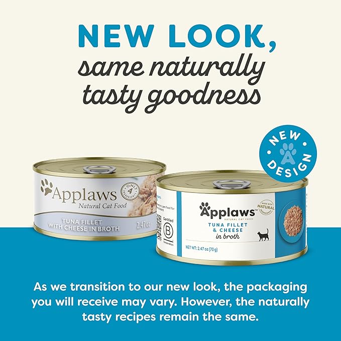 Applaws Wet Cat Food, 24 Count, Limited Ingredient Canned Wet Cat Food, Tuna Fillet with Cheese in Broth, 2.47oz Cans-PawvioPets