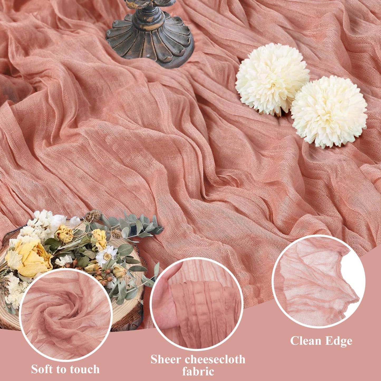 Asee'm 3pcs Cheesecloth Table Runner 120 Inches Dark Rose Boho Gauze Cheese Cloth Runner 10FT Rustic Sheer Table Runners for Summer Wedding Baby Shower Holiday Party Decoration