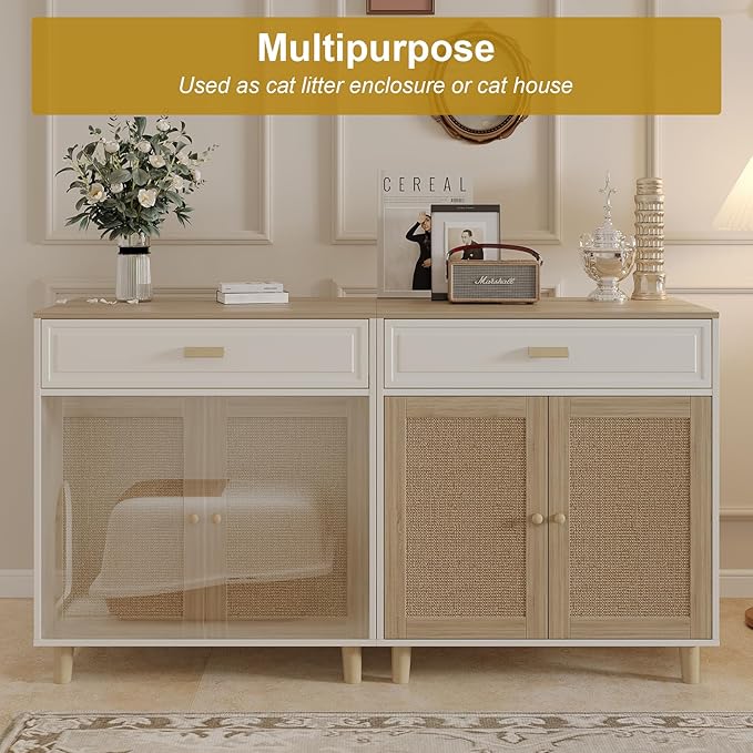 Cat Litter Box Enclosure Furniture Hidden - Indoor 2-in-1 Wooden Cat House & Washroom Cabinet with Scratching Board Doors and Drawer, 31.5”x21.6”x34.6”H-PawvioPets