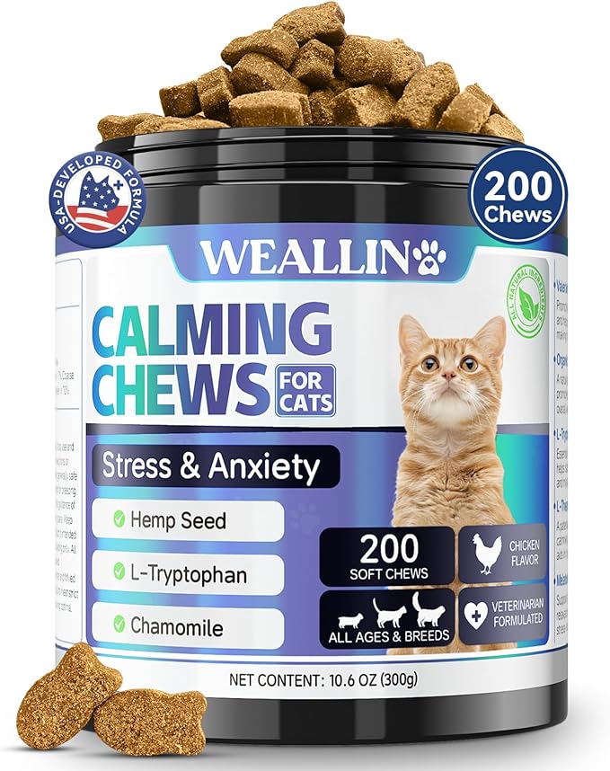 200 PCS Cat Calming Treats, Calming Treats for Cats Help to Manage Stress & Anxiety, Calming Aid for Cats with Hemp Seed Powder Chamomile Melatonin for Cat Anxiety Relief, Separation, Travel, Storms-PawvioPets