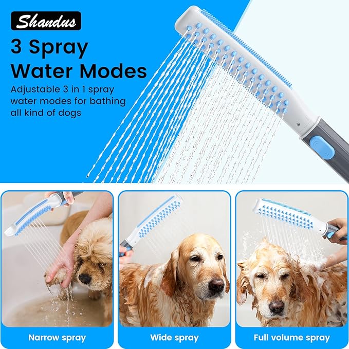 Dog Shower Attachment, Dog Washing Hose Attachment with Metal T-Diverter, Dog Bathing Supplies with 3 Spray Modes & One-Button ON/OFF Indoor and Outdoor Sprayer 8-Foot Hose-PawvioPets