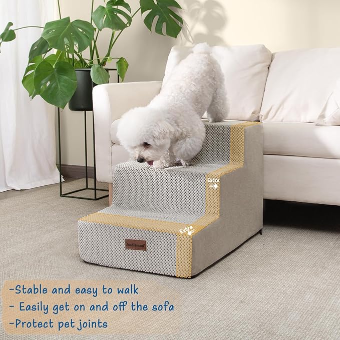 Dog Stairs for Small Dogs & Cats, 3-Step Extra Wide Non-Slip Pet Steps for Couch Sofa and Chair, Light Grey, 15.7" H-PawvioPets