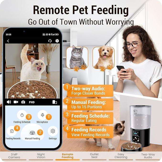Automatic Cat Feeder with 2K HD Camera: 5G WiFi Automatic Dog Feeder with Sealed Outlet,Cat Food Dispenser with Freshness for Multiple Pets,Detachable for Easy Clean-21 Cup (5L Food Storage)-PawvioPets