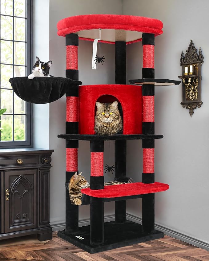 Globlazer Gothic Corner Cat Tree Tower with Scratching Post for Indoor Cats, 51inch Goth Cat Condo Tower with Large Hammock, Fan-Shaped Padded Perch, Spacious Cat Cave, Hanging Basket, C51, Red Black-PawvioPets
