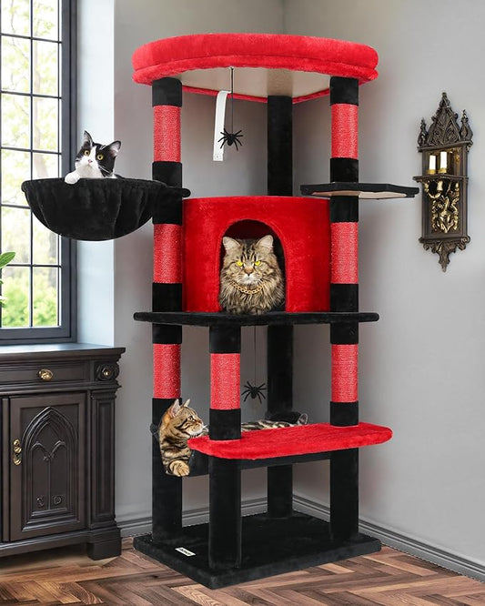 Globlazer Gothic Corner Cat Tree Tower with Scratching Post for Indoor Cats, 51inch Goth Cat Condo Tower with Large Hammock, Fan-Shaped Padded Perch, Spacious Cat Cave, Hanging Basket, C51, Red Black-PawvioPets